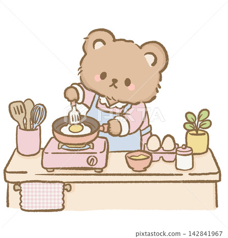 Cute Morning Bear Cooking Fried Egg in Pink Frying Pan Wearing Apron and Pajamas Cozy Kawaii Breakfast Routine Clipart Illustration Cute Morning Bear Cooking Fried Egg in Pink Frying Pan Wearing Apron and Pajamas Cozy Kawaii Breakfast Routine Clipart Illustration 142841967