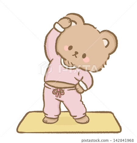 Cute Morning Bear Doing Gentle Side Stretch on Yellow Exercise Mat Wearing Pink Pajamas Kawaii Healthy Morning Routine Clipart Illustration Cute Morning Bear Doing Gentle Side Stretch on Yellow Exercise Mat Wearing Pink Pajamas Kawaii Healthy Morning Routine Clipart Illustration 142841968