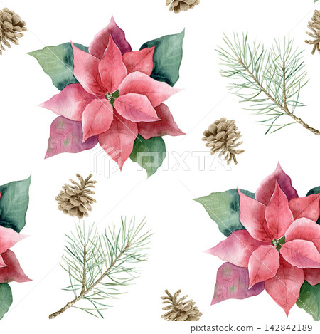 Watercolor Christmas seamless pattern with pink poinsettia flowers, pine branches and pinecones. Hand drawn repeating background for winter holidays, New Year design and wrapping paper on white. Watercolor Christmas seamless pattern with pink poinsettia flowers, pine branches and pinecones. Hand drawn repeating background for winter holidays, New Year design and wrapping paper on white. 142842189