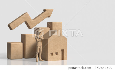 Construction Worker with House and Rising Property Growth Chart 3d render. Construction Worker with House and Rising Property Growth Chart 3d render. 142842599