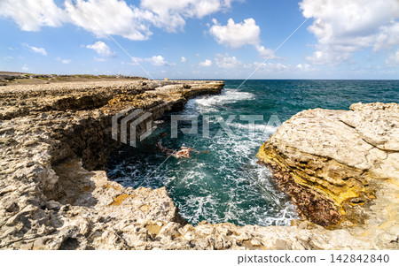 Scenic view of the rocky limestone cliffs and crashing turquoise ocean waves at Devil's Bridge National Park on the island of Antigua. Scenic view of the rocky limestone cliffs and crashing turquoise ocean waves at Devil's Bridge National Park on the island of Antigua. 142842840