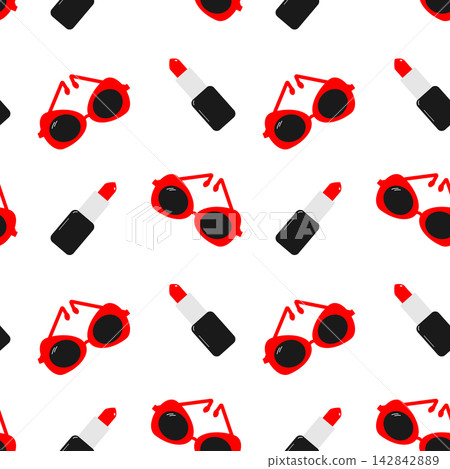 Seamless pattern shows red sunglasses and lipsticks on white in a playful hand drawn fashion design. Vector illustration for cosmetic packaging, fabric prints, gift wrapping, stationery and beauty ads Seamless pattern shows red sunglasses and lipsticks on white in a playful hand drawn fashion design. Vector illustration for cosmetic packaging, fabric prints, gift wrapping, stationery and beauty ads 142842889