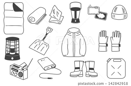 一套用於冬季災害防備物資和禦寒用品的線條藝術插圖。 一套用於冬季災害防備物資和禦寒用品的線條藝術插圖。 142842918