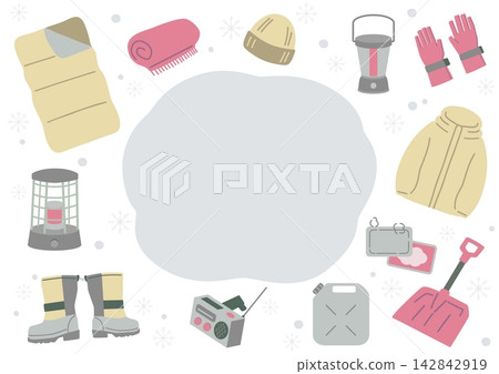 Winter disaster preparedness goods and snow copy space frame Winter disaster preparedness goods and snow copy space frame 142842919