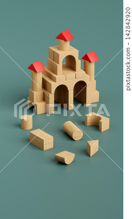 Toy Castle Built with Wooden Blocks 3D Render Toy Castle Built with Wooden Blocks 3D Render 142842920