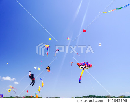 Annual Surabaya kite festival featuring giant colorful kites flying over open field under clear blue sky. Annual Surabaya kite festival featuring giant colorful kites flying over open field under clear blue sky. 142843196