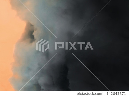 Smoke black dark industrial plant industry environmental pollution dark orange sunset sky 142843871