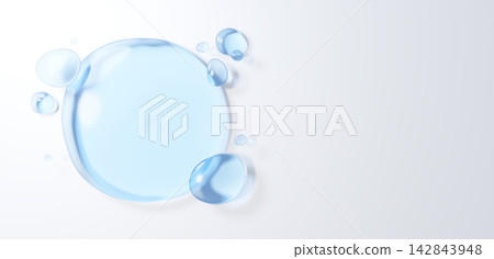 3DCG background material of water droplets and a light blue circular water basin base. White background. Copy space (landscape orientation) 142843948