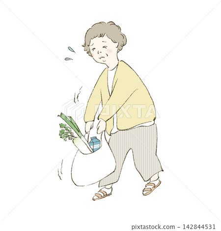 A middle-aged woman struggling with heavy shopping bags. A middle-aged woman struggling with heavy shopping bags. 142844531