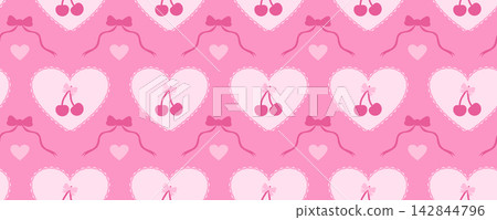 Playful pink repeat pattern with cherries, bows and hearts in retro girly aesthetic. Trendy design for textile and decorative prints. Stock vector illustration in cartoon style. Playful pink repeat pattern with cherries, bows and hearts in retro girly aesthetic. Trendy design for textile and decorative prints. Stock vector illustration in cartoon style. 142844796