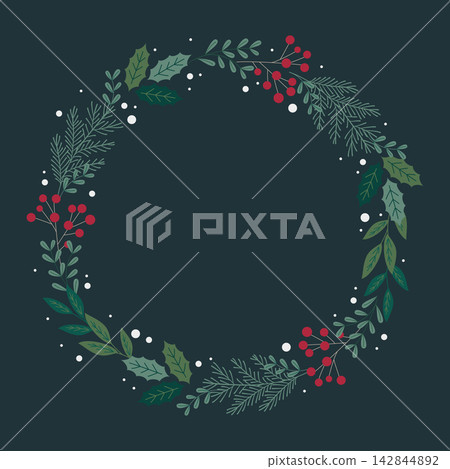 Christmas wreath and plant card with dark green background (vector illustration) Christmas wreath and plant card with dark green background (vector illustration) 142844892
