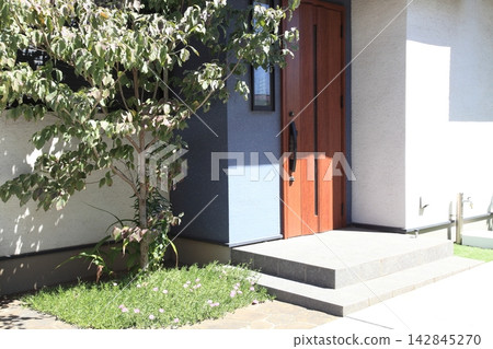 In front of the entrance of a detached house In front of the entrance of a detached house 142845270