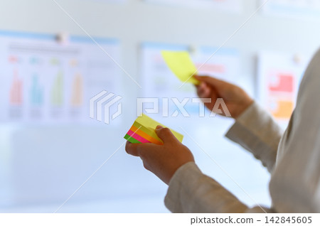 A business person using sticky notes to organize tasks in front of a whiteboard. A business person using sticky notes to organize tasks in front of a whiteboard. 142845605