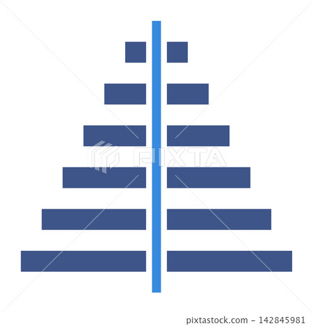 Symmetrical blue 6-tier pyramid chart; diagrammatic material for hierarchies and comparisons; transparent background. 142845981
