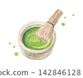An image of preparing matcha tea, painted with watercolors. 142846128