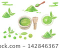 A set of watercolor paintings depicting matcha green tea. 142846367