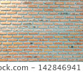 Weathered Terracotta Brick Wall with Exposed Texture and Blue Gray Mortar 142846941