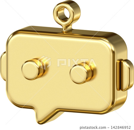 Gold metallic chatbot icon featuring robot face speech bubble shape with antenna and round eyes Gold metallic chatbot icon featuring robot face speech bubble shape with antenna and round eyes 142846952