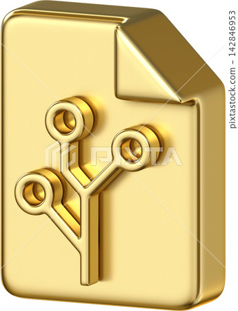 Gold metallic document file icon with git branch circuit structure and folded corner 142846953