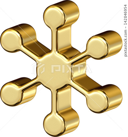 Gold metallic central node icon with six connection spoke and circle end Gold metallic central node icon with six connection spoke and circle end 142846954