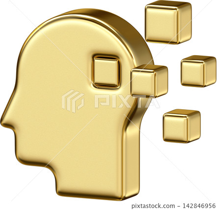 Gold metallic human head profile icon with square mind hole and data cube Gold metallic human head profile icon with square mind hole and data cube 142846956