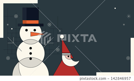 Minimalist geometric Santa Claus and snowman with snowfall modern retro style on night sky background horizontal template have blank space. Minimalist geometric Santa Claus and snowman with snowfall modern retro style on night sky background horizontal template have blank space. 142846957