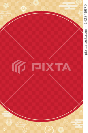 Japanese-style circular frame with checkered and floral patterns 2_vertical Japanese-style circular frame with checkered and floral patterns 2_vertical 142846979