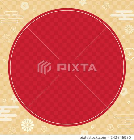 Japanese-style circular frame with checkered and floral patterns 2_square Japanese-style circular frame with checkered and floral patterns 2_square 142846980