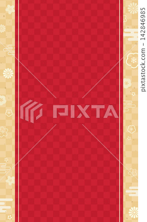 Japanese-style rectangular frame with checkered and floral patterns, 2_vertical 142846985