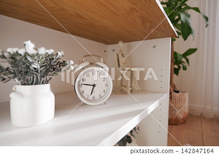 Clock and plant on a shelf in a bright indoor space Clock and plant on a shelf in a bright indoor space 142847164