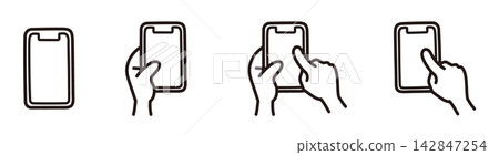 A set of simple line art illustrations of hands operating a smartphone. A set of simple line art illustrations of hands operating a smartphone. 142847254