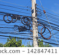 Messy Telecommunication Wires and Fiber Optic Cable Loops on Concrete Utility Pole Against Blue Sky 142847411