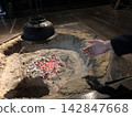Charcoal fire in a hearth and an iron kettle: Traditional Japanese life 142847668