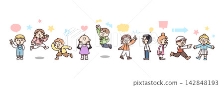 A set of illustrations featuring 10 energetic and positive children: 5 boys and 5 girls. A set of illustrations featuring 10 energetic and positive children: 5 boys and 5 girls. 142848193