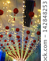 A decorative ceiling background adorned with red ornaments and illuminations. 142848253