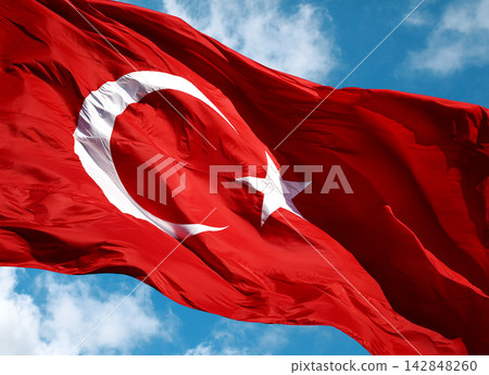 Close-Up Turkish Flag with cloudy blue sky Close-Up Turkish Flag with cloudy blue sky 142848260
