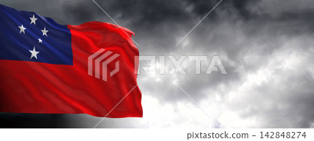 Samoa Flag Waving Against Dark Cloudy Sky Samoa Flag Waving Against Dark Cloudy Sky 142848274