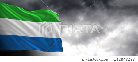 Sierra Leone Flag Waving Against Dark Cloudy Sky Sierra Leone Flag Waving Against Dark Cloudy Sky 142848288