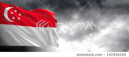 Singapore Flag Waving Against Dark Cloudy Sky Singapore Flag Waving Against Dark Cloudy Sky 142848289