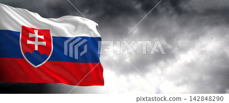 Slovakia Flag Waving Against Dark Cloudy Sky Slovakia Flag Waving Against Dark Cloudy Sky 142848290