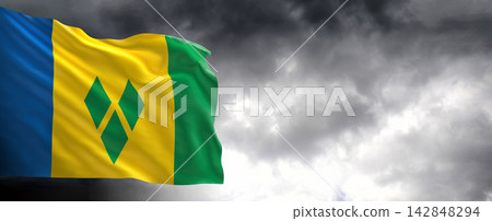 Saint Vincent and the Grenadines Flag Waving Against Dark Cloudy Sky Saint Vincent and the Grenadines Flag Waving Against Dark Cloudy Sky 142848294
