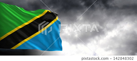 Tanzania Flag Waving Against Dark Cloudy Sky Tanzania Flag Waving Against Dark Cloudy Sky 142848302