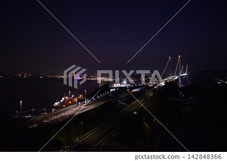 The illuminated Kanmon Bridge: A view from the second observation deck of Mekari Park. The illuminated Kanmon Bridge: A view from the second observation deck of Mekari Park. 142848366