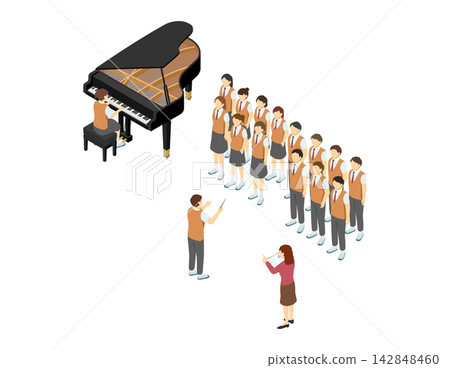 Isometric illustration: High school students (summer uniforms) practicing choir. Isometric illustration: High school students (summer uniforms) practicing choir. 142848460