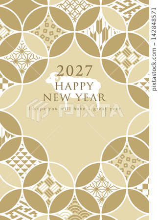 New Year's card template with a traditional Japanese Shippo pattern design for the Year of the Sheep, 2027. 142848571