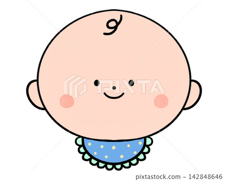 An illustration of a smiling baby wearing a bib. An illustration of a smiling baby wearing a bib. 142848646