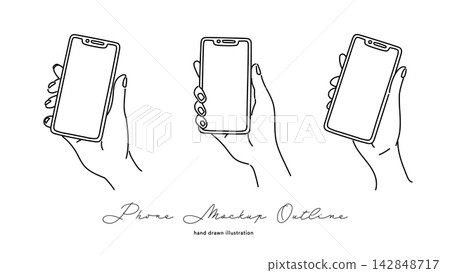 Hand-drawn illustration set of hands holding a smartphone 142848717