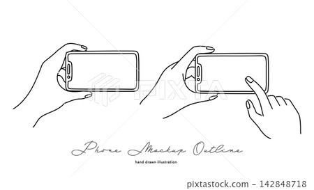 A hand-drawn illustration of a hand holding a smartphone horizontally. 142848718
