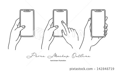 A set of stylish illustrations of hands operating a smartphone. 142848719