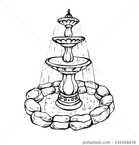 Antique-style fountain with flowing water with round basin made of natural stone. Isolated vector EPS object. Graphic illustration hand drawn in black ink. Cottagecore. Outline sketch old vintage. Antique-style fountain with flowing water with round basin made of natural stone. Isolated vector EPS object. Graphic illustration hand drawn in black ink. Cottagecore. Outline sketch old vintage. 142848839